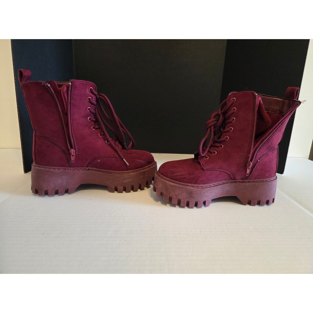 Broadway Burgundy Faux Suede Platform Combat Boots Lug Sole Lace Up Side Zip 7